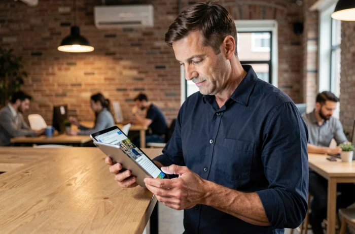 Homme consultant L'Annonceur Mag sur une tablette dans un espace de co-working