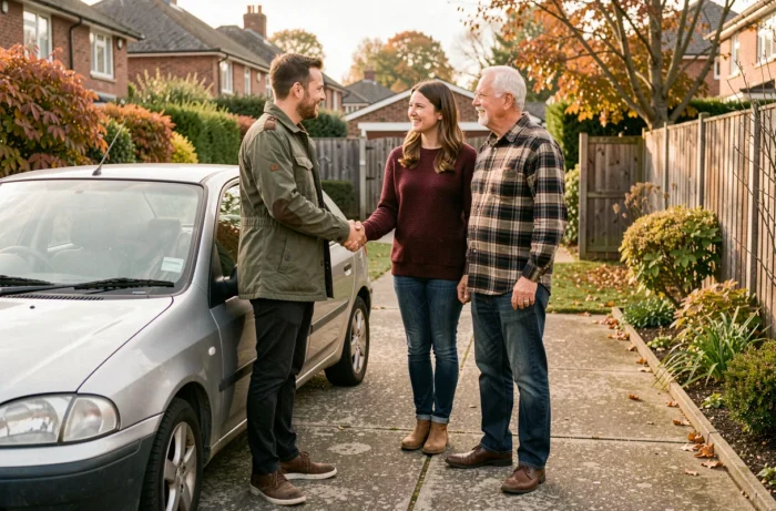 Couple achetant une voiture d'occasion à un particulier, transaction et poignée de main entre vendeur et acheteurs