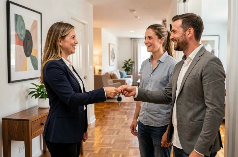Agent immobilière remettant les clés d'un appartement à un couple de locataires dans une agence professionnelle