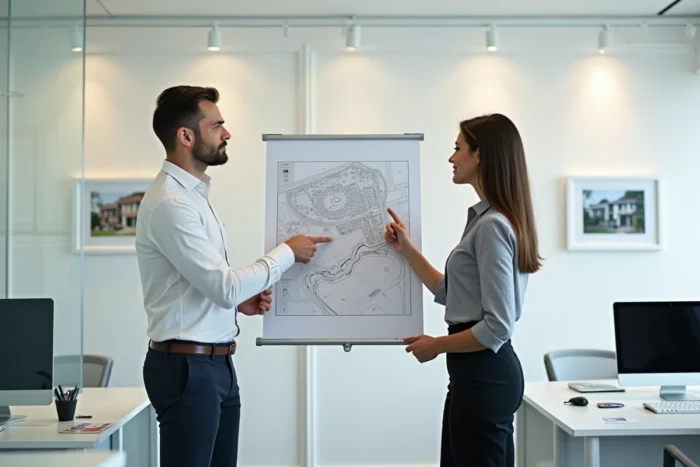 Deux agents immobiliers analysant un plan de site sitemap affiché sur un tableau blanc en agence
