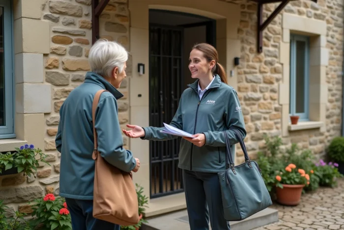 Aide à domicile ADMR arrivant au domicile d'une personne âgée en milieu rural