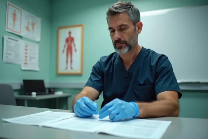 Aide-soignant masculin étudiant les nouveaux actes du référentiel 2026 dans une salle de formation médicale