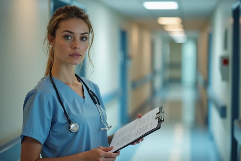 Aide-soignante en tenue professionnelle tenant un référentiel de soins dans un couloir d'hôpital moderne