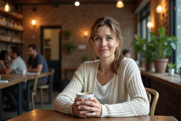 Femme élégante et détendue savourant un café dans un intérieur chaleureux, reflet de la personnalité discrète et authentique d'Alexis Knief