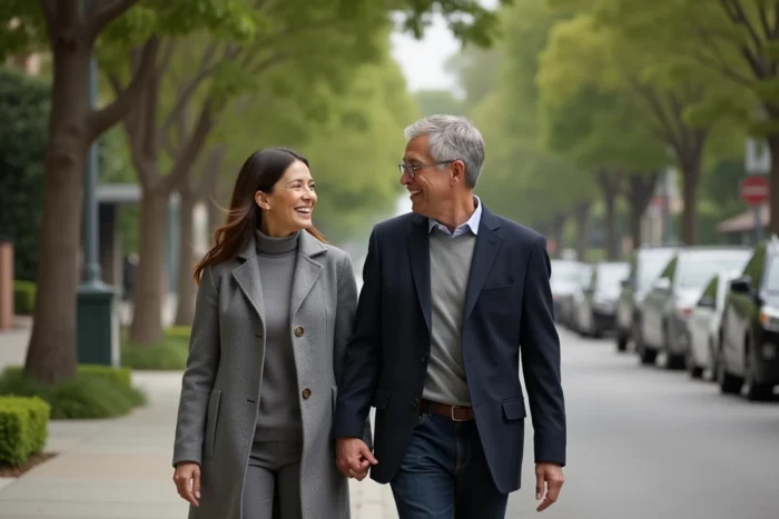 Couple élégant se promenant sur un boulevard arboré de Beverly Hills, illustrant la vie discrète et complice d'Alexis Knief et Timothy Olyphant