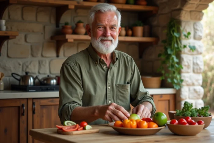 Homme de 70 ans préparant un repas sain et équilibré dans une cuisine rustique, illustrant l'alimentation saine pour les seniors après 60 ans