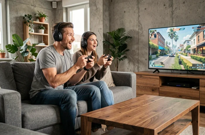 Deux amis jouant aux jeux vidéo avec des casques gaming dans un salon moderne d'appartement urbain contemporain