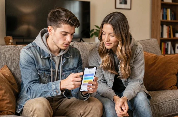 Deux amis consultant un tutoriel Discord sur smartphone pour changer la police d'écriture de leurs messages
