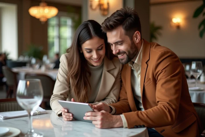 Deux amis consultant une carte numérique pour partager un restaurant Michelin