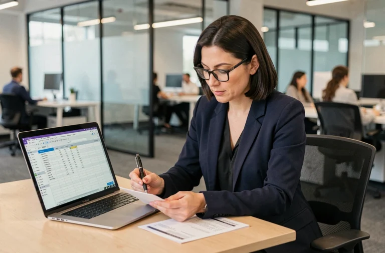 Femme professionnelle analysant une facture Markeonbiz avec un stylo dans un bureau moderne