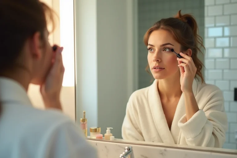 Femme appliquant du mascara devant un miroir de salle de bain, gros plan sur les cils