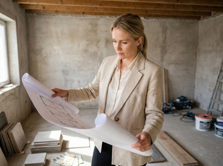 Architecte d'intérieur femme tenant des plans dans un appartement en rénovation avec murs en béton brut et échantillons de matériaux