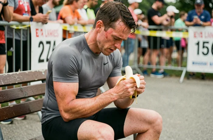 Athlète mangeant une banane après une compétition de triathlon en plein air