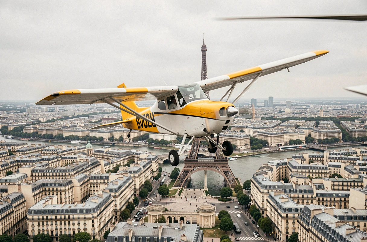 Petit avion ultraléger en vol au-dessus de Paris avec la Tour Eiffel visible en contrebas