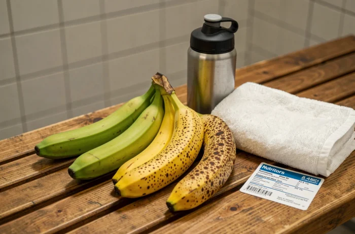 Flat lay de bananes à différents stades de maturité sur un banc de salle de sport