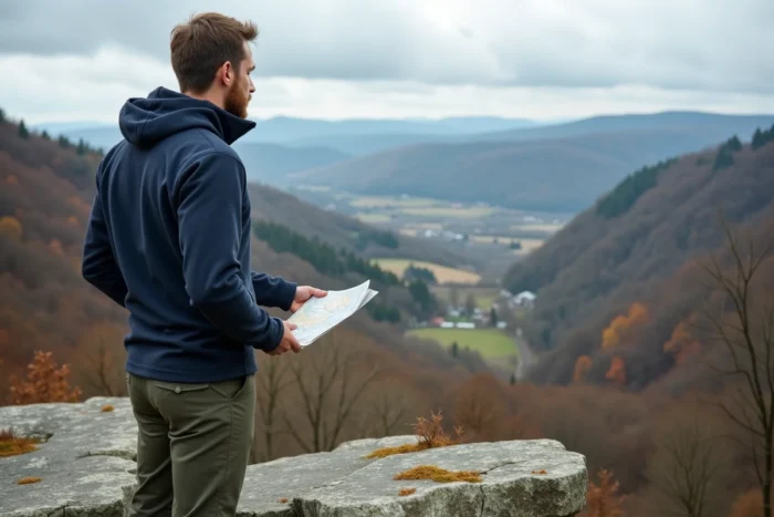 Homme contemplant le panorama sur les collines boisées des Vosges du Nord depuis un belvédère de La Petite Pierre