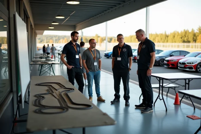 Séance de briefing avant un stage de pilotage avec instructeur et participants dans le paddock d'un circuit