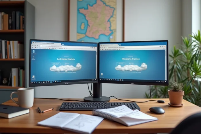 Bureau avec deux sites météo comparés sur écran d'ordinateur, La Chaîne Météo et Météo France, avec carnet de notes manuscrites et tasse de café