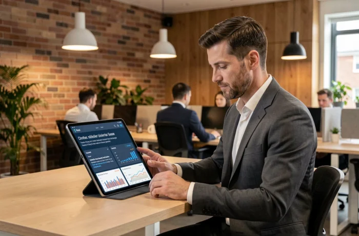 Cadre dirigeant consultant les dernières actualités business et analyses de données sur une tablette dans un bureau moderne