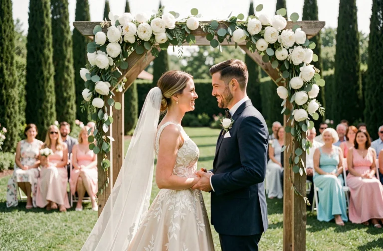 Couple de mariés souriants lors d'une cérémonie de mariage en plein air dans un jardin fleuri avec arche en bois et décorations florales élégantes