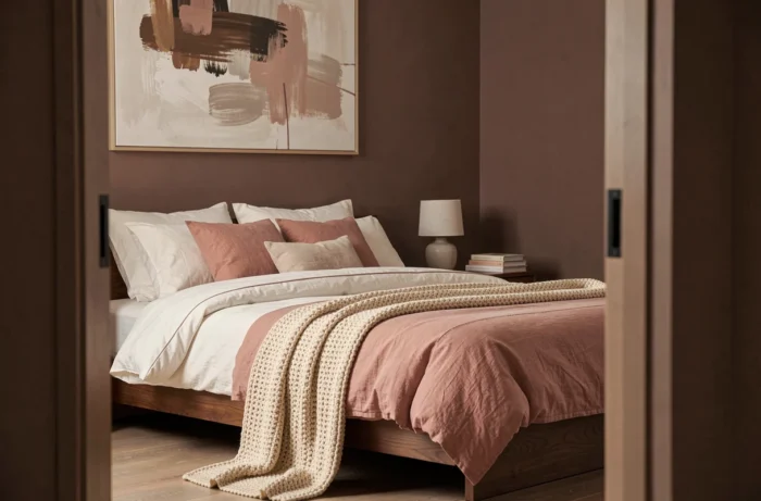 Chambre moderne et cosy avec literie en coton bio, tête de lit en bois de noyer et palette de couleurs chaudes et apaisantes