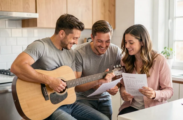 Des témoins répètent une chanson personnalisée sur un air connu pour la surprise du mariage