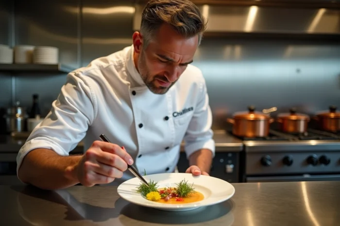 Chef cuisinier d'un restaurant gastronomique au bord du lac d'Aiguebelette dressant un plat raffiné avec des fleurs comestibles dans une cuisine professionnelle