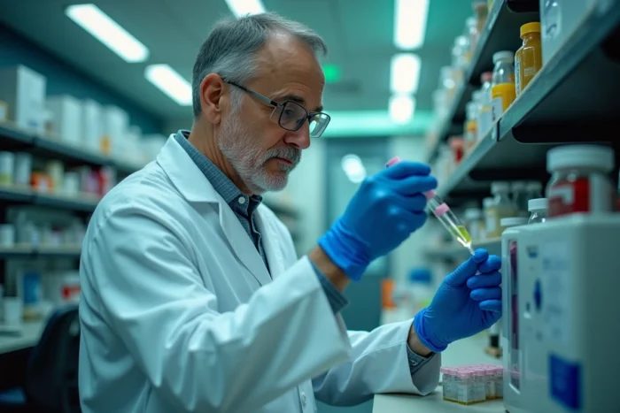 Chercheur en laboratoire analysant des échantillons biologiques dans le cadre d'une étude sur la maladie de Gilbert et le cancer