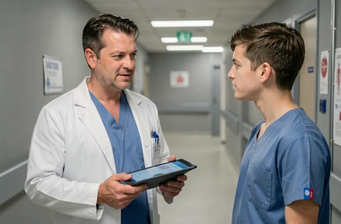 Chirurgien français en blouse blanche discutant avec un collègue dans un couloir d'hôpital moderne, représentant les professions médicales à haut salaire en France
