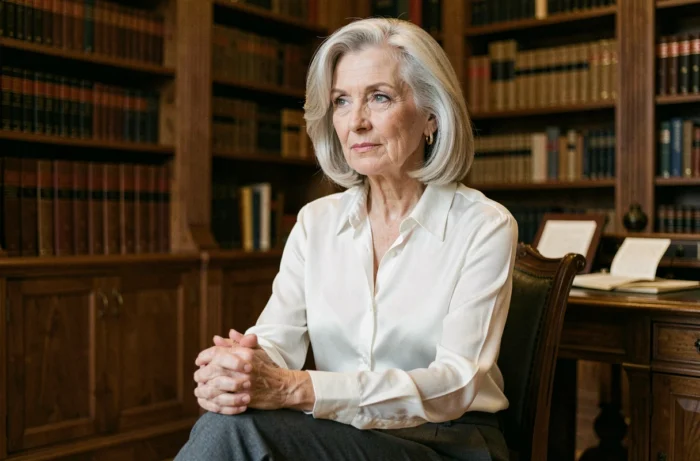 Femme distinguée aux cheveux argentés assise dans une bibliothèque privée luxueuse, portrait intimiste évoquant l'héritage et la personnalité emblématique de Claudia Heffner Peltz