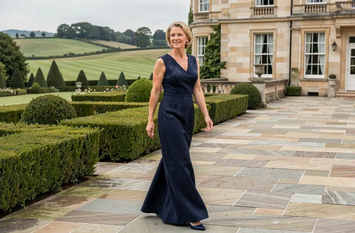 Femme élégante en robe de soirée marine marchant sur la terrasse en pierre d'un domaine luxueux, illustrant le style et l'influence sociale de Claudia Heffner Peltz