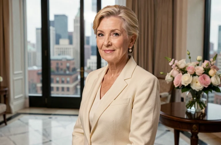 Portrait élégant d'une femme raffinée en blazer crème dans un intérieur chic de Manhattan, évoquant le parcours d'une ancienne mannequin devenue figure sociale influente