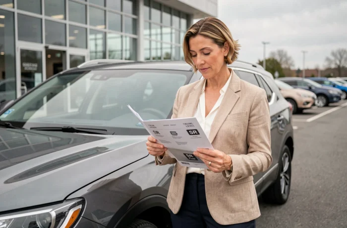 Femme consultant une brochure sur les niveaux de finition SR d'un SUV dans une concession automobile