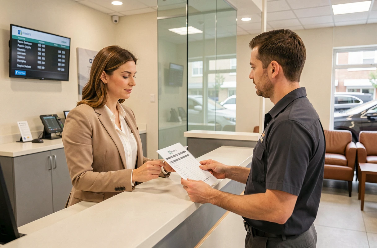 Cliente discutant du devis d'entretien avec un conseiller dans la réception d'un garage auto moderne