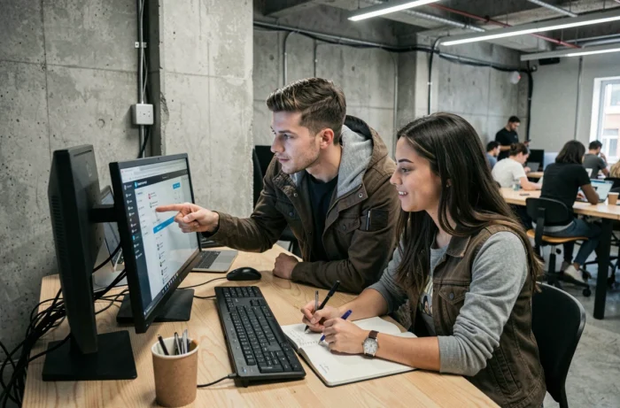Deux jeunes professionnels collaborant sur un projet informatique dans un espace de coworking moderne