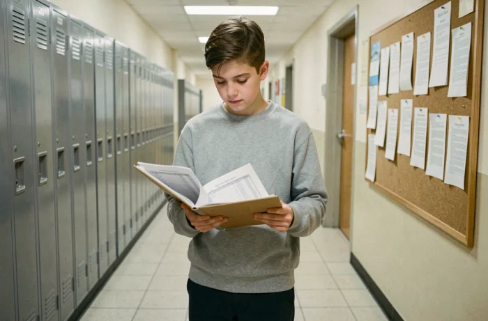 Collégien dans un couloir scolaire tenant ses résultats scolaires avec une mention assez bien
