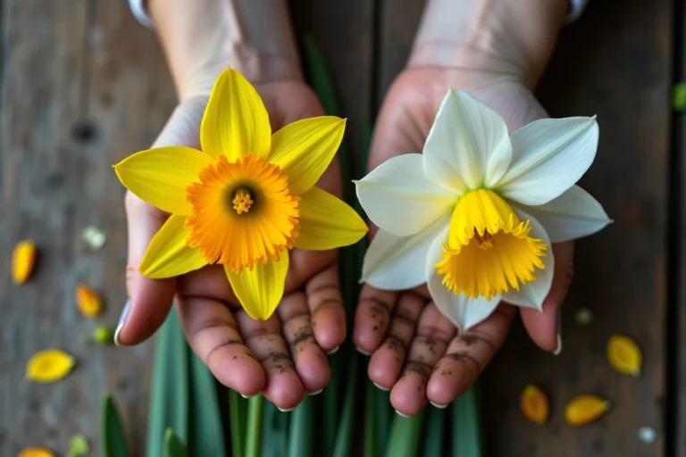 Comparaison en gros plan d'une jonquille et d'un narcisse tenus côte à côte par des mains de jardinière, mettant en évidence les différences de trompette et de pétales
