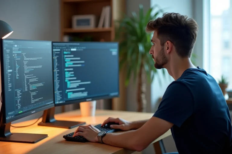 Un homme comparant deux logiciels de conversion vidéo sur un écran ultrawide dans un bureau moderne