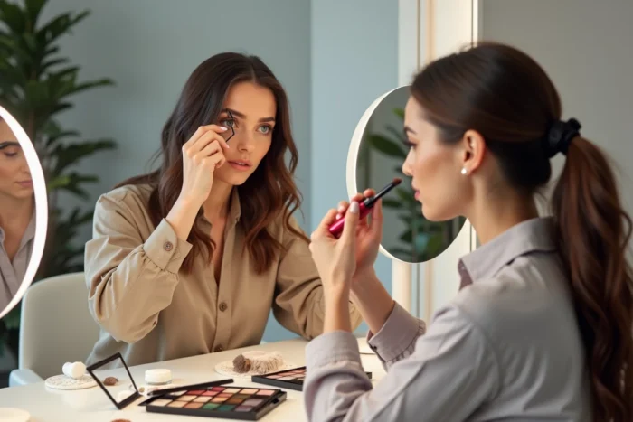 Deux femmes comparant un recourbe-cils et un mascara dans un studio de maquillage