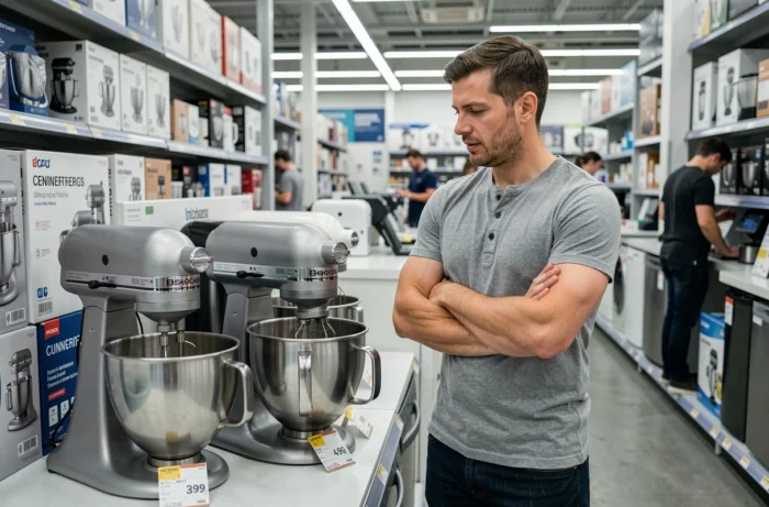 Homme comparant deux robots pâtissiers dans le rayon électroménager d'un magasin de cuisine