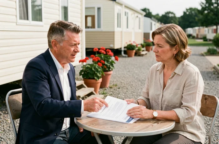 Conseiller juridique expliquant la nouvelle loi sur les mobil-homes anciens à une propriétaire dans un camping