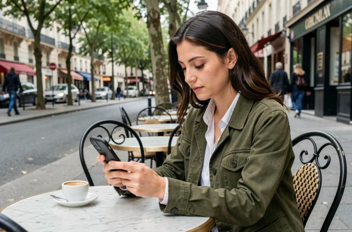 Jeune femme accédant au site L'Annonceur Mag sur smartphone dans un café parisien