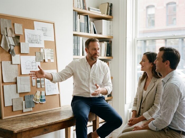 Professionnel de la décoration intérieure en consultation avec des clients devant un tableau d'inspiration avec échantillons et croquis