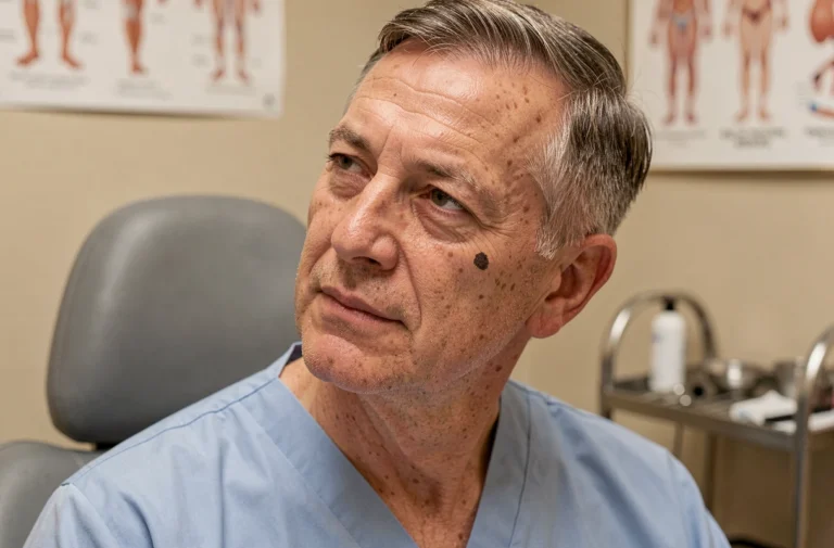 Patient homme d'âge mûr en consultation dermatologique avec une lésion suspecte sur la joue gauche