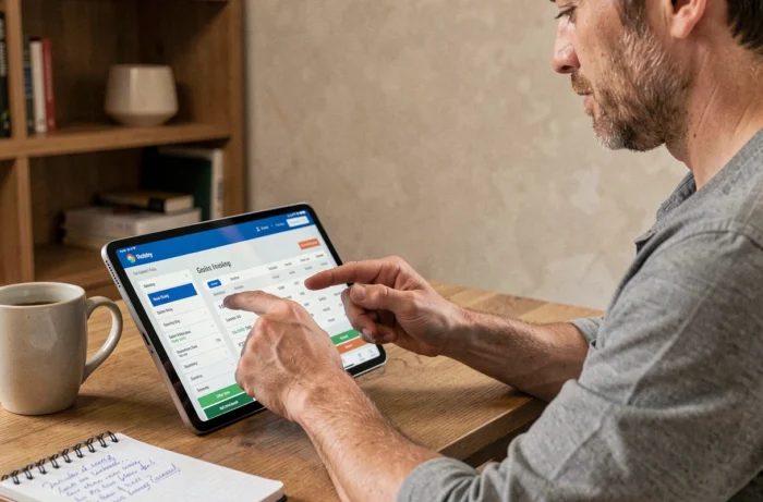 Homme consultant le prix IA d'une facture numérique Markeonbiz sur une tablette depuis son bureau à domicile