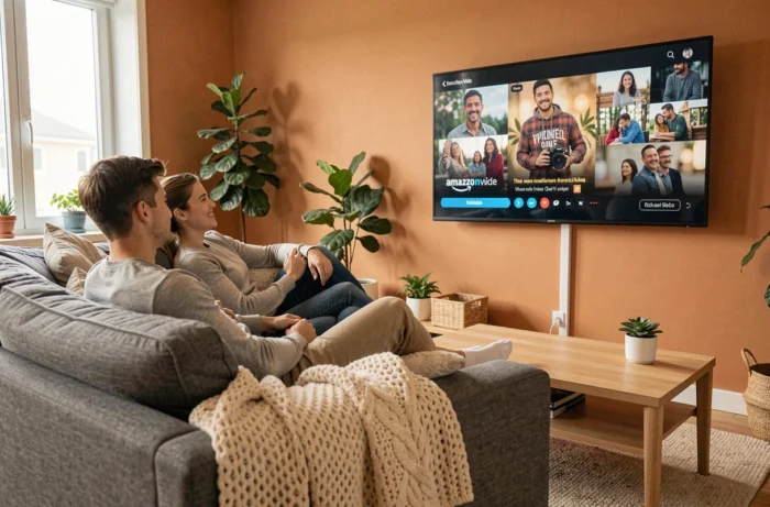Couple regardant Amazon Prime Video ensemble dans un salon chaleureux et moderne