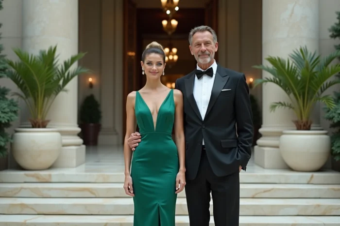Couple élégant en tenue de soirée devant l'entrée d'un grand hôtel classique, évoquant les idylles romantiques des célébrités hollywoodiennes