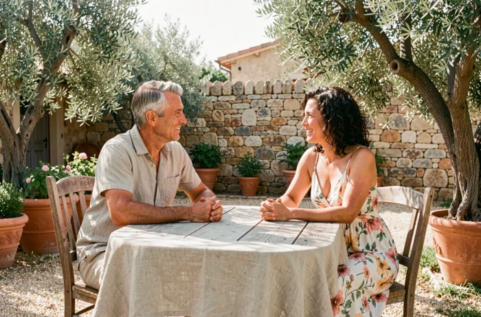 Couple dans un jardin méditerranéen rustique, évoquant la vie de famille et l'intimité du couple de Marc Toesca