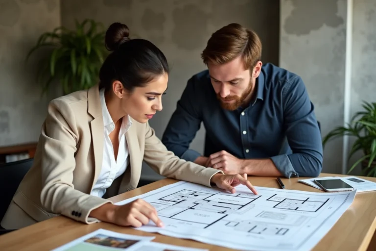 Couple étudiant un plan immobilier sur une table en bois dans un appartement moderne