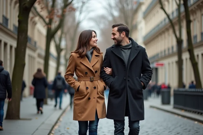 Couple se promenant dans les rues pavées de Paris en automne, évoquant une relation publique et intellectuelle